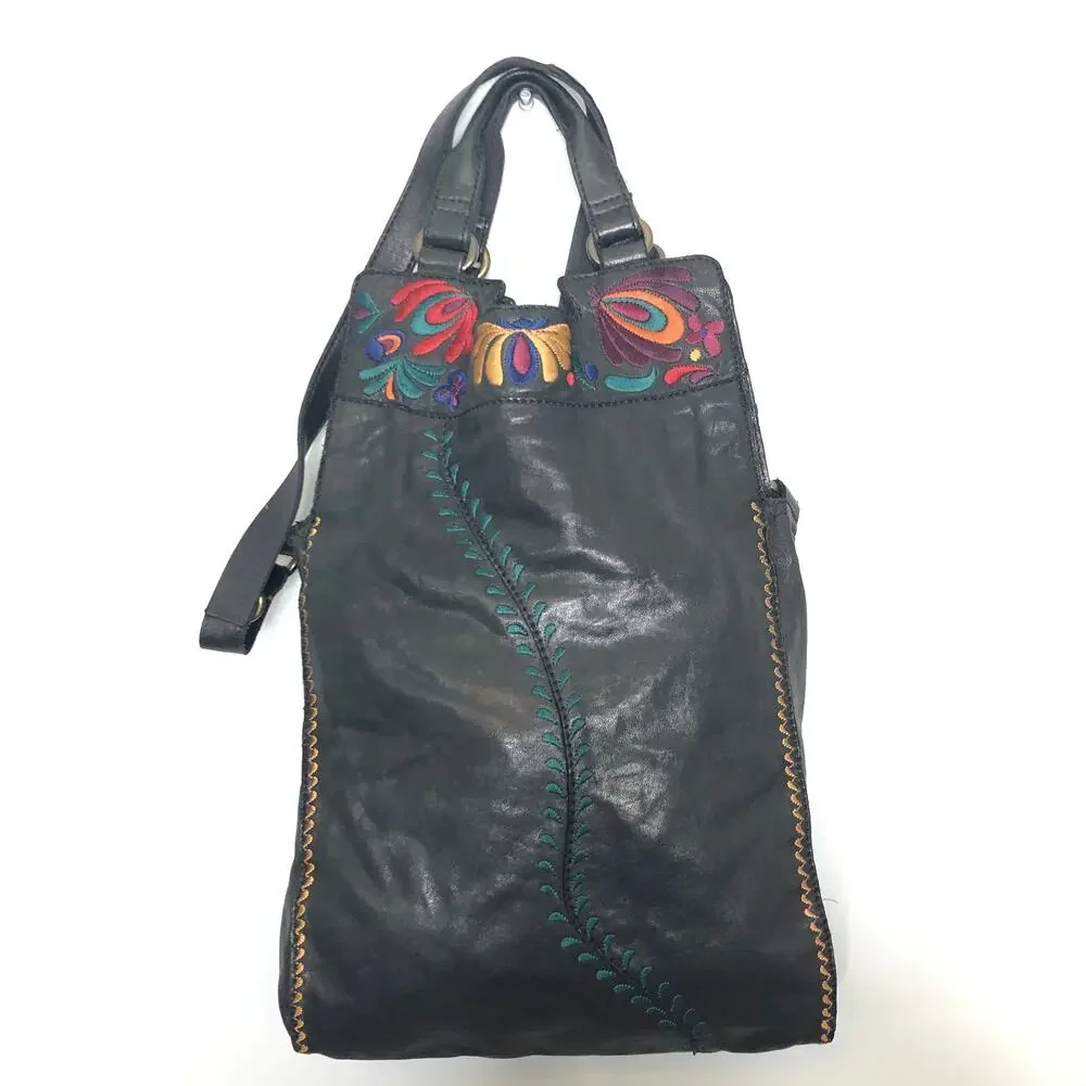 Lucky Brand Abbey Road Lambs Leather Embroidered Cross Body Tote Black